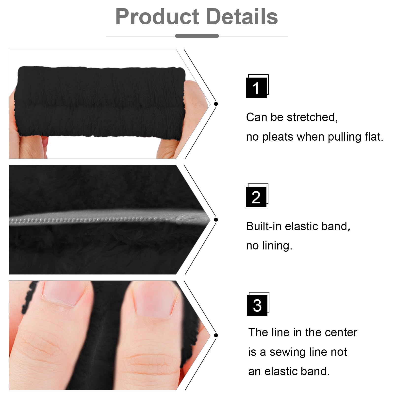 VELSCRUN headband next to hand for scale, showing one-size fit