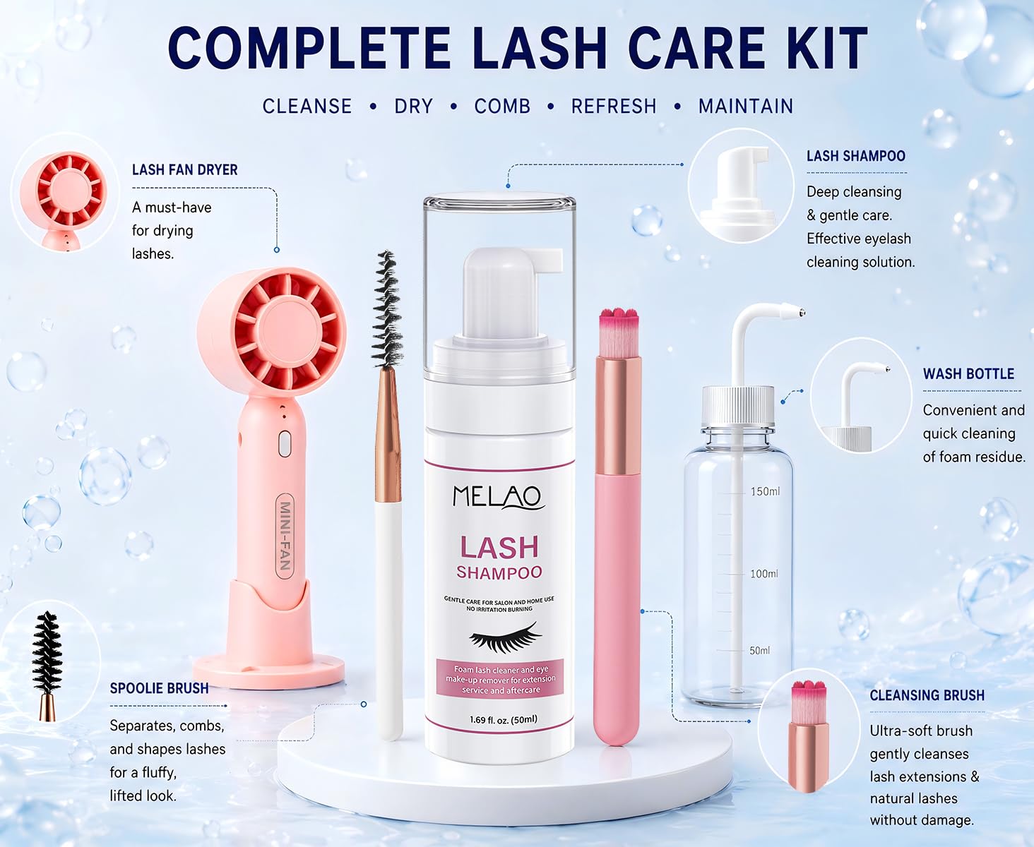 Vemofoper rinse bottle in use, controlled rinse protects lash adhesive bonds