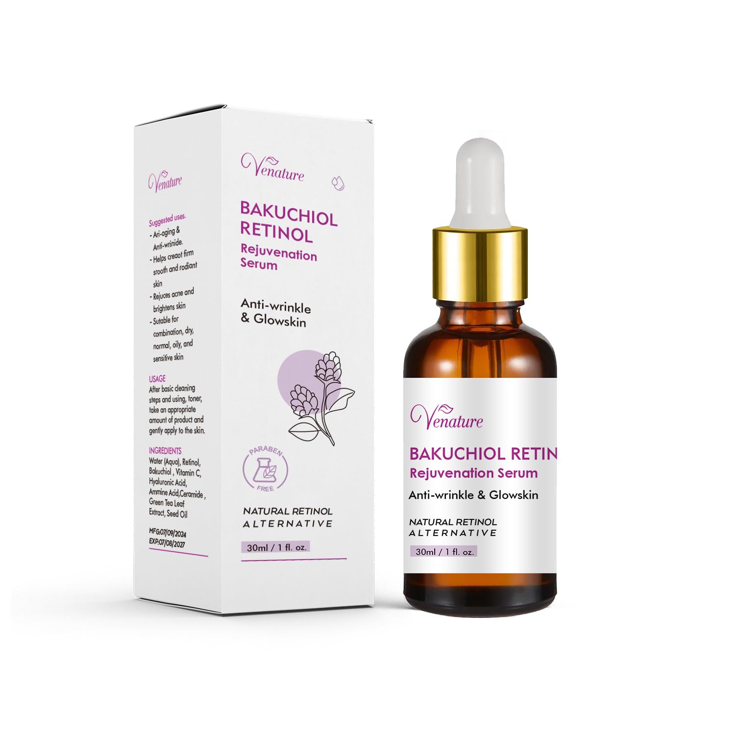 Venature front bottle showing serum and clear label benefits