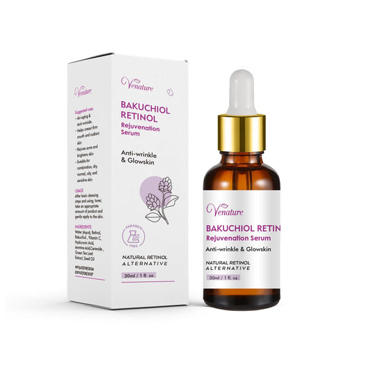 Venature front bottle showing serum and clear label benefits
