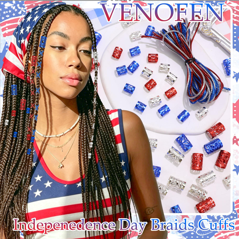 VENOFEN model wearing multiple cuffs for a festive, styled braid look