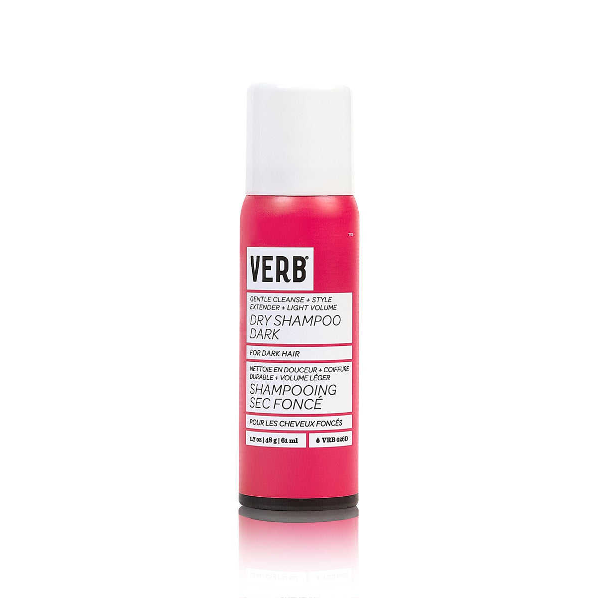 VERB dry shampoo dark front packaging showing label and 1.7 oz can benefits