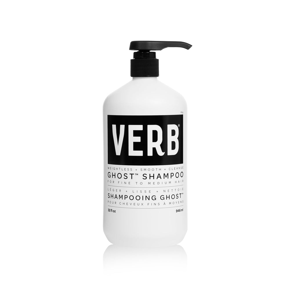 VERB bottle front view showing Ghost Shampoo, clear labeling and long-lasting size benefit