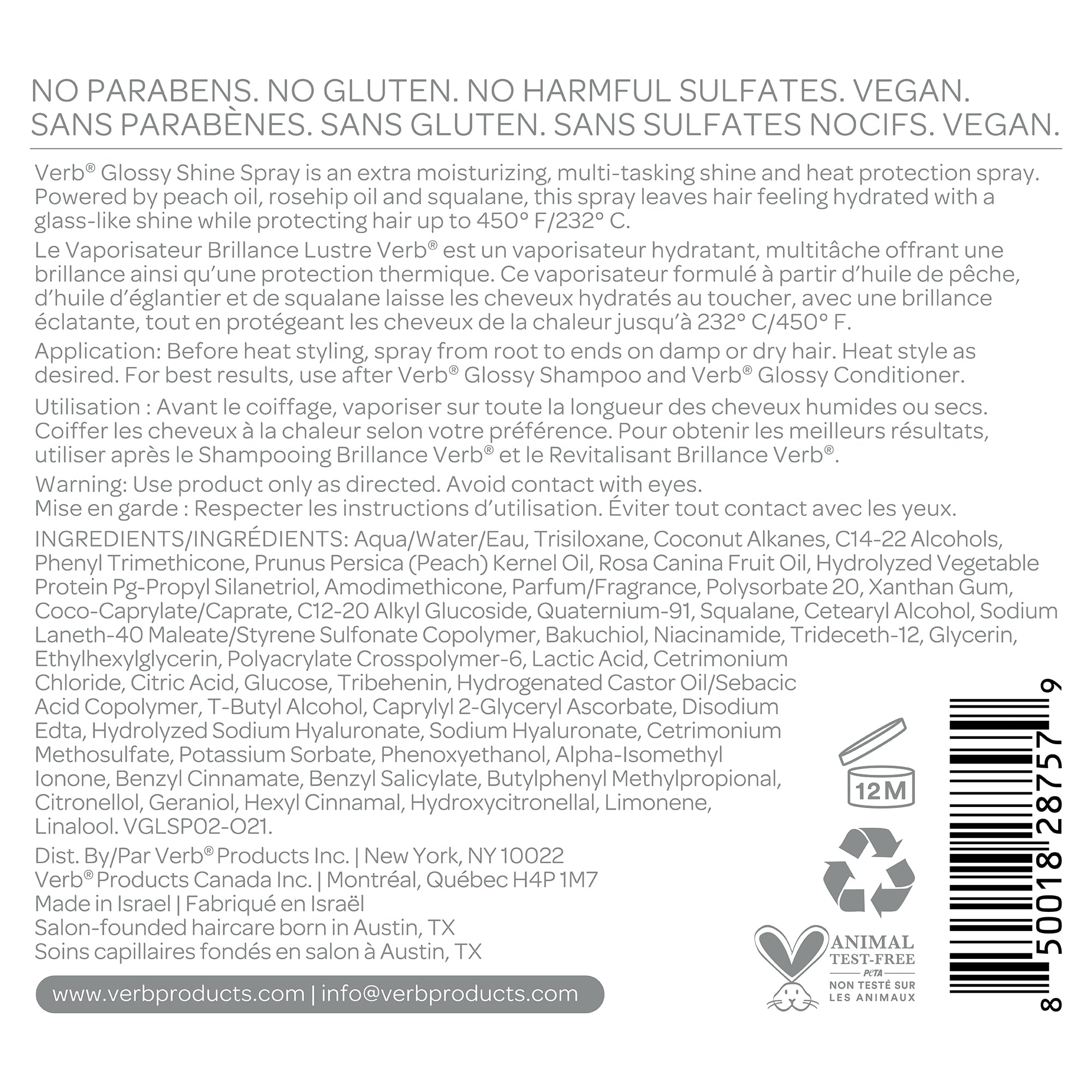 VERB product label close-up emphasizing heat protection up to 428°F and clean, vegan ingredients