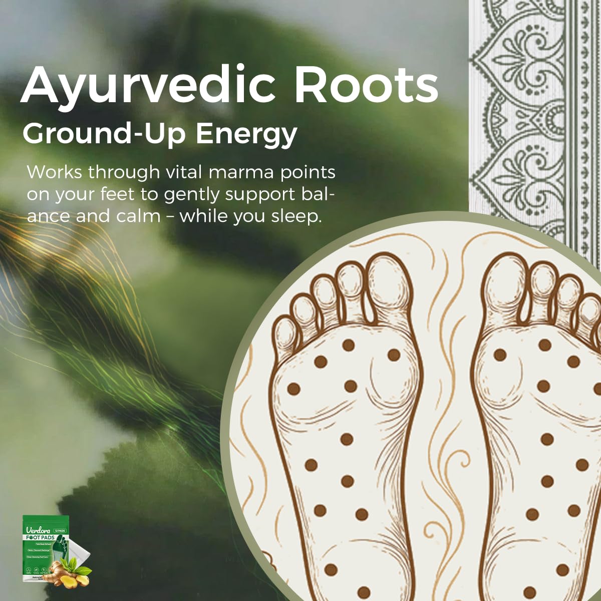 VERDORA foot pad applied to sole overnight, demonstrating simple nightly use