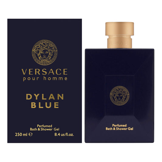 Versace Dylan Blue shower gel bottle front view showing label and premium design benefit: brand recognition
