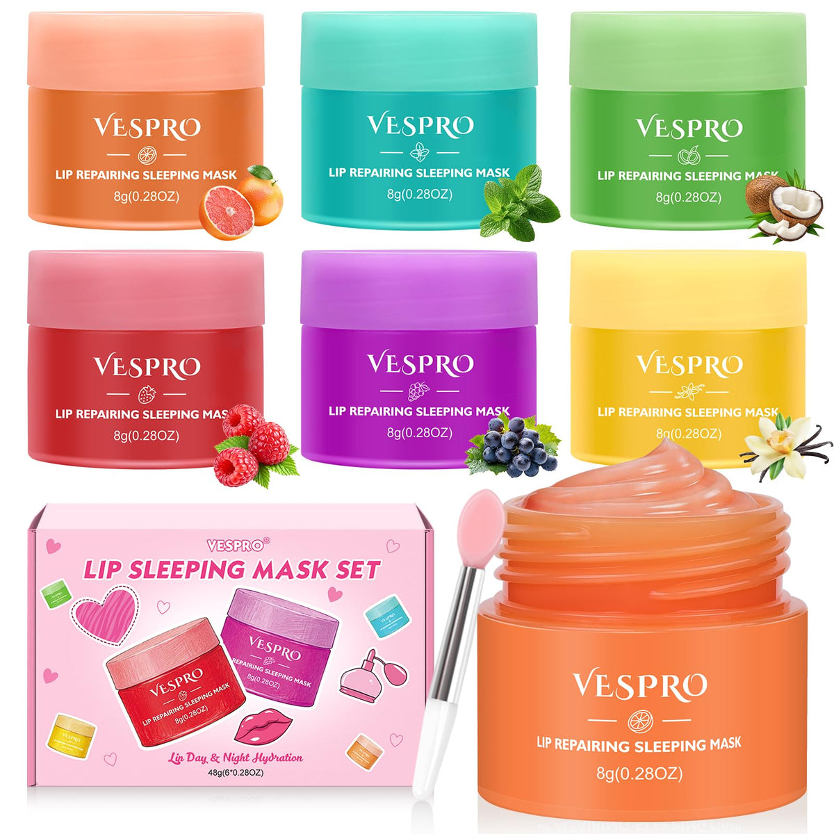 VESPRO front packaging showing six flavored bottles and variety benefit