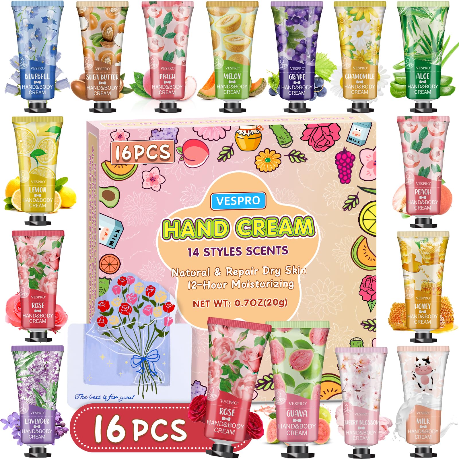 VESPRO front packaging showing 16 compact hand cream tubes and greeting card for gifting