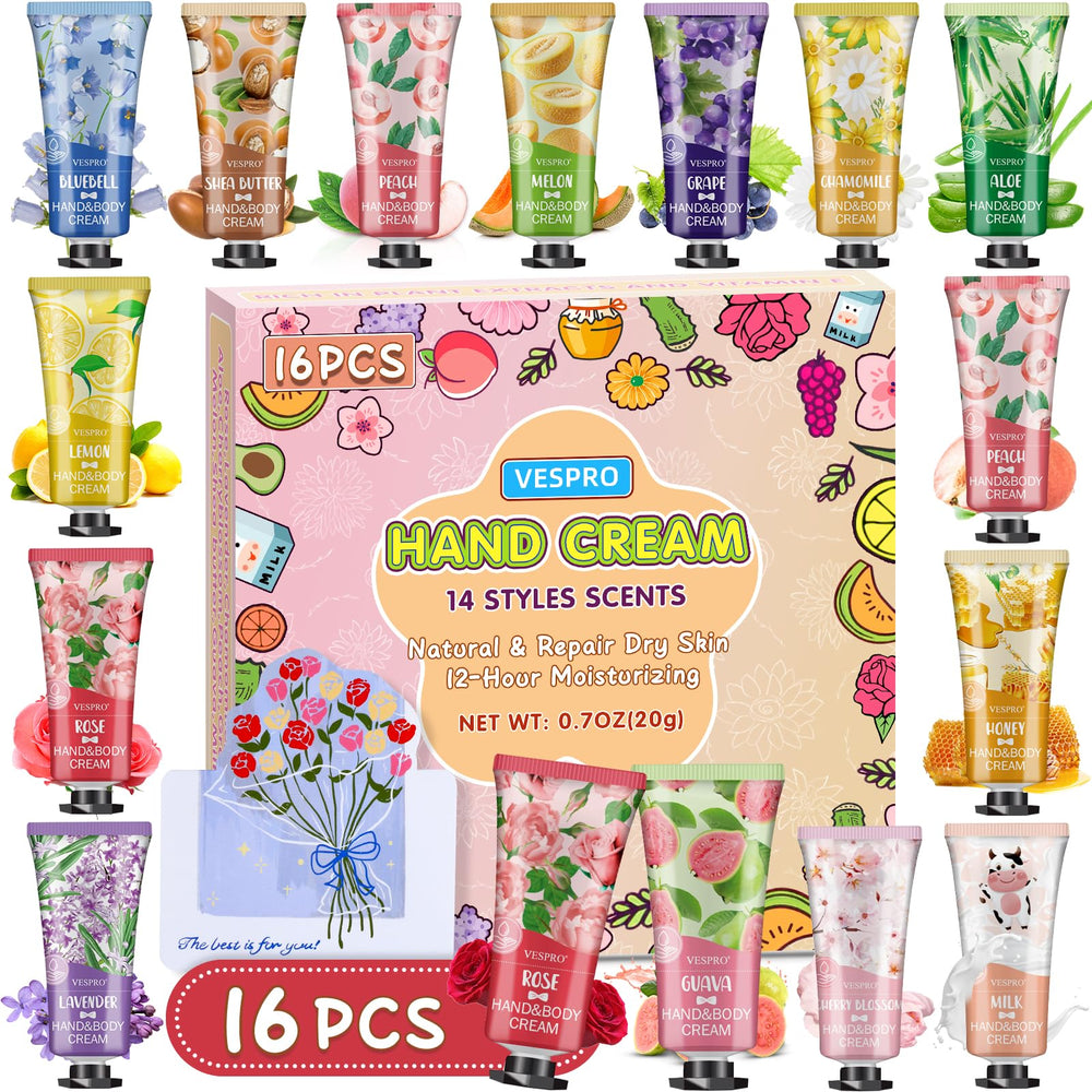VESPRO front packaging showing 16 compact hand cream tubes and greeting card for gifting