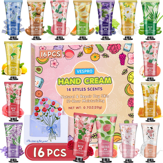 VESPRO front packaging showing 16 compact hand cream tubes and greeting card for gifting