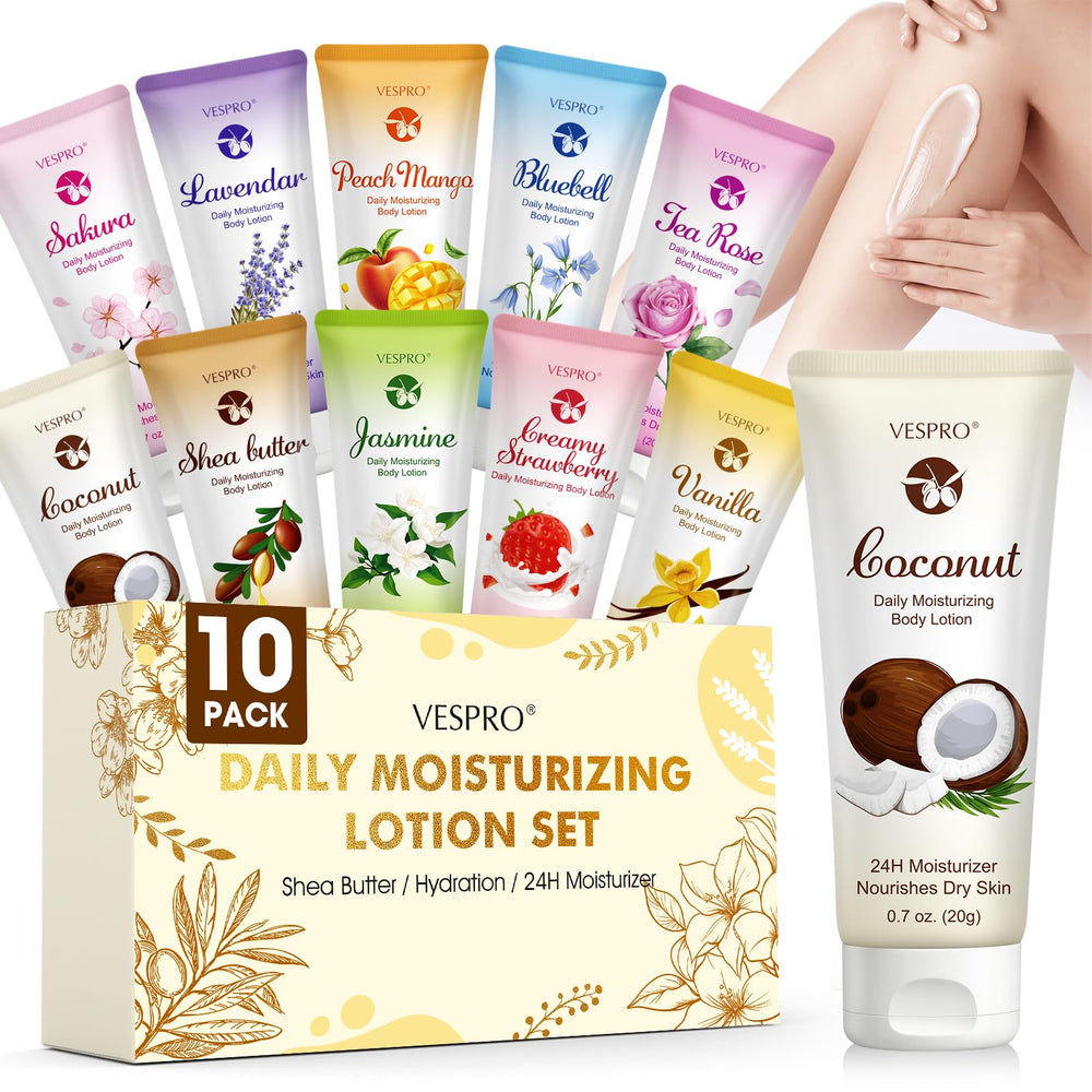 VESPRO front packaging showing ten mini lotion tubes for easy gifting