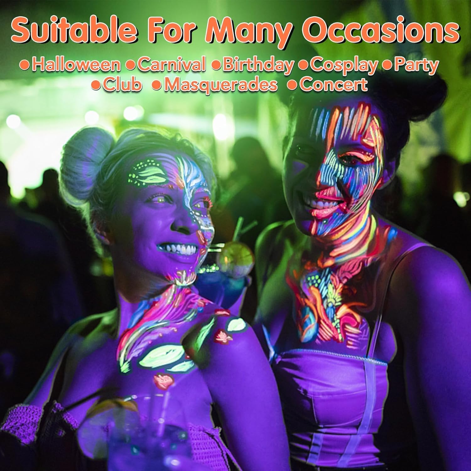 VESPRO at a neon party scene showing glowing makeup for event-ready impact benefit