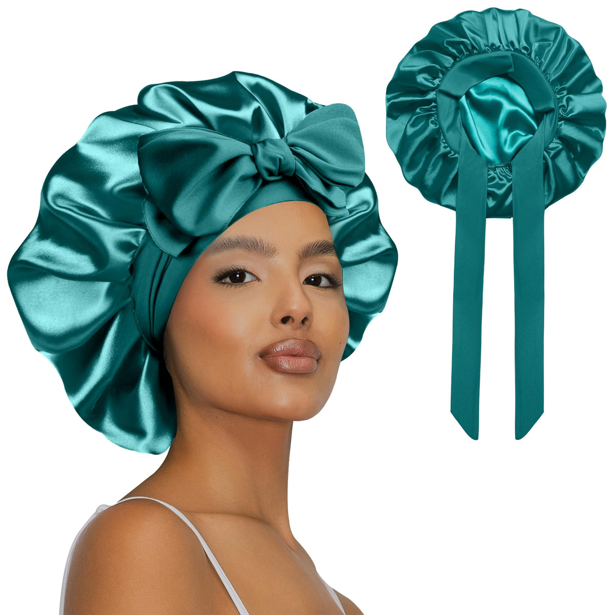 Vettres bonnet front view showing green satin and roomy fit, protecting hair overnight
