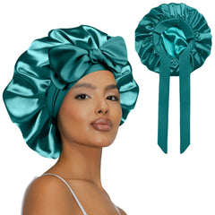 Vettres bonnet front view showing green satin and roomy fit, protecting hair overnight
