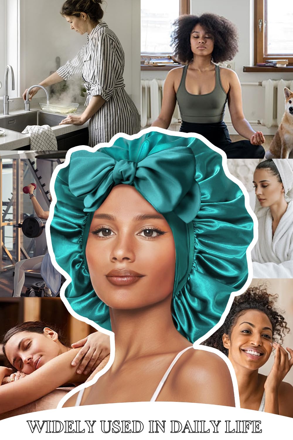 Vettres bonnet in a bathroom routine setting showing protection during skincare