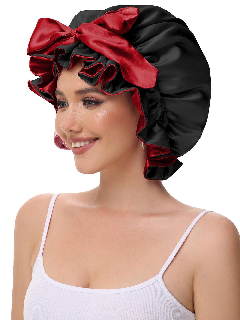 Vettres bonnet on curly hair in lifestyle scene protecting curls overnight