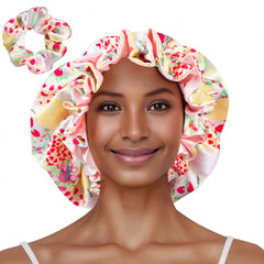 Vettres bonnet front view showing yellow strawberries print and cheerful design benefit: style protection