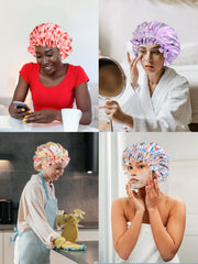 Vettres bonnet in use on curly-haired woman sleeping to preserve curls and reduce morning styling benefit