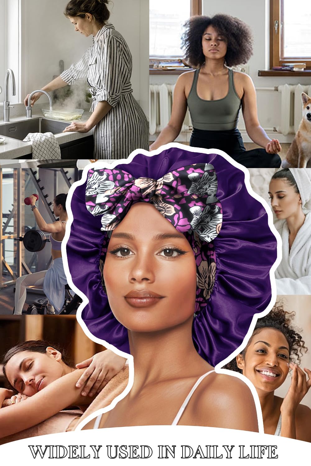 Vettres bonnet in bathroom routine showing hair protection during skincare