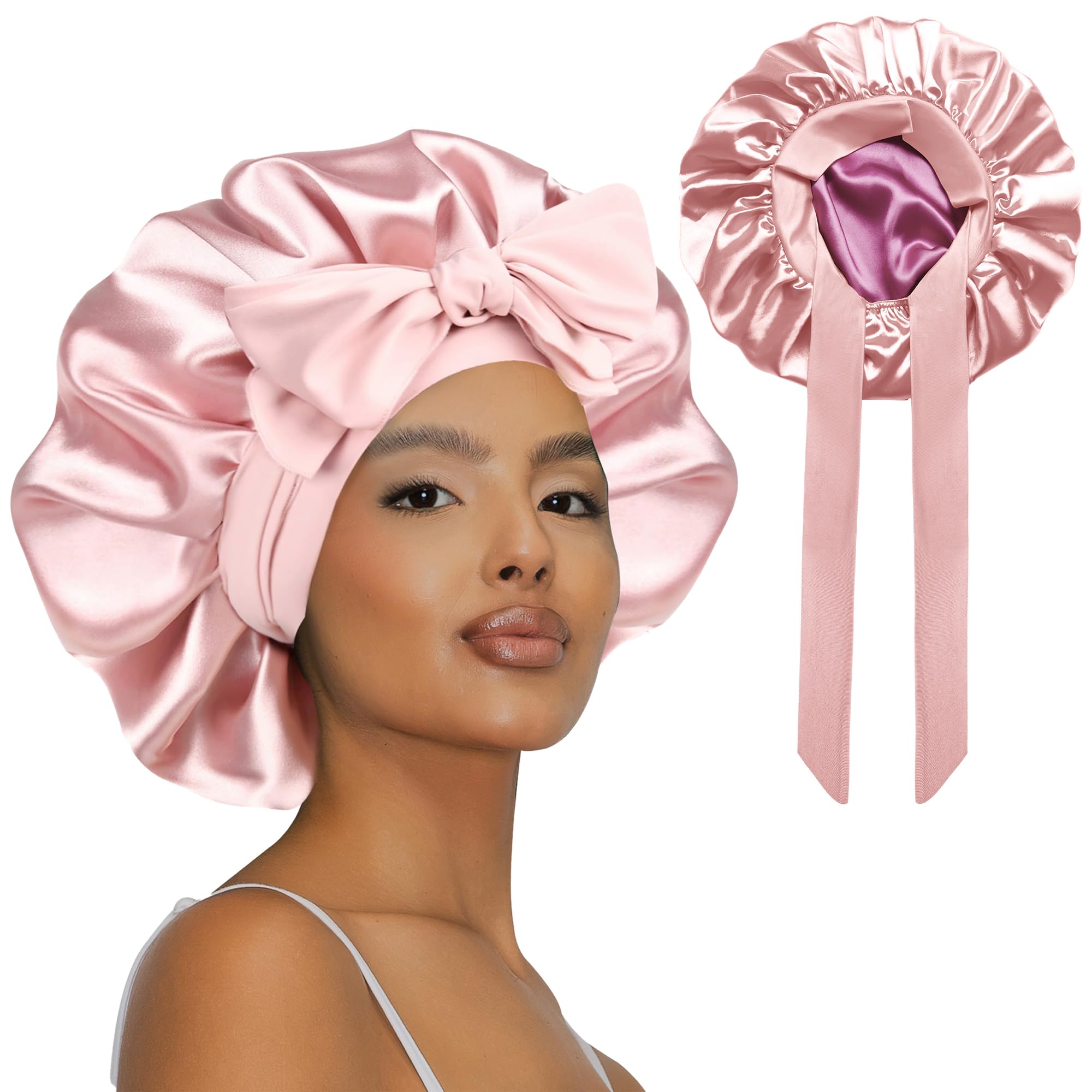 Vettres bonnet front view showing pink rose and secure fit benefit