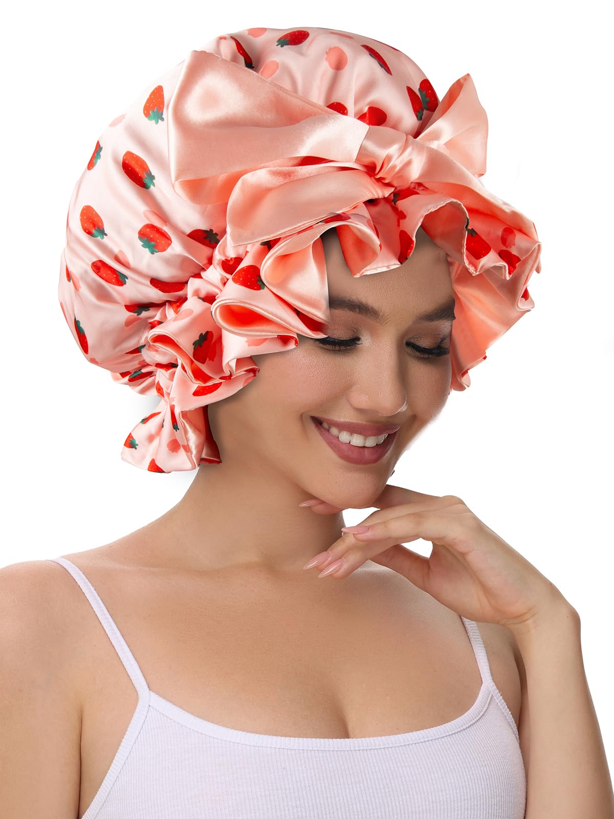 Vettres strawberries print bonnet lifestyle shot showing attractive design and versatility