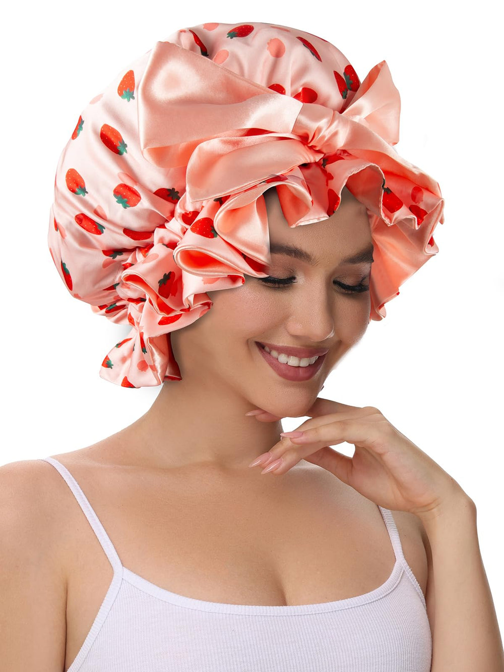 Vettres strawberries print bonnet lifestyle shot showing attractive design and versatility