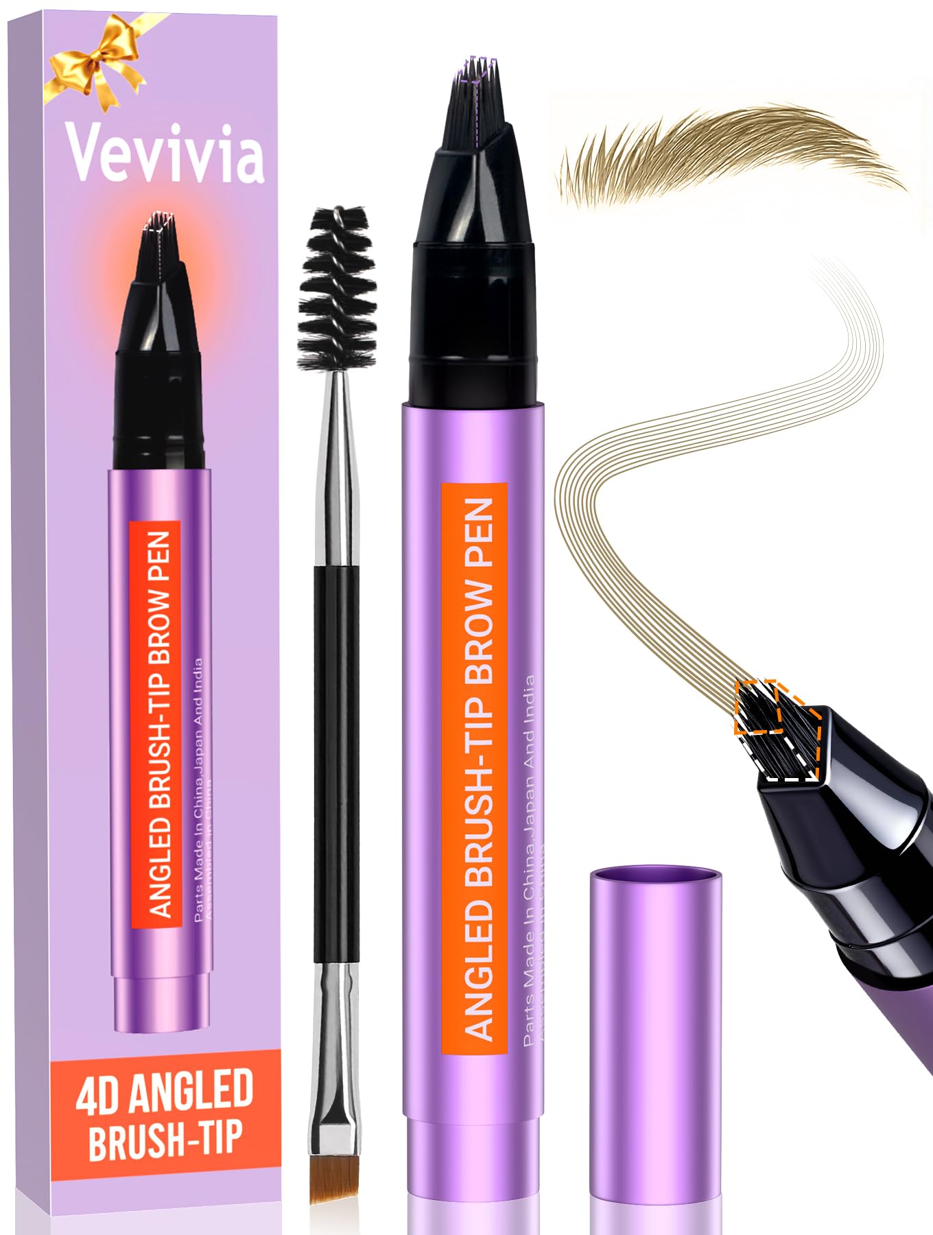 Vevivia Beauty eyebrow pen front packaging showing product and shade benefit