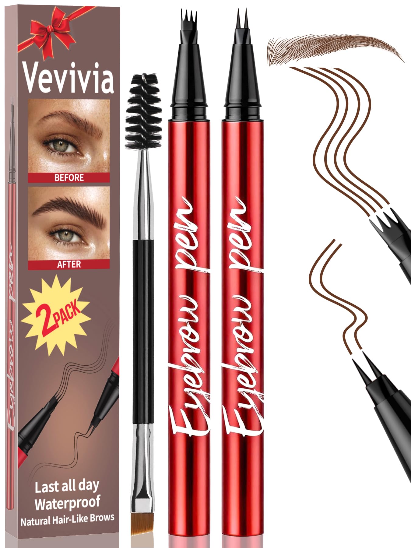 Vevivia Beauty front packaging showing dark brown pens and benefits