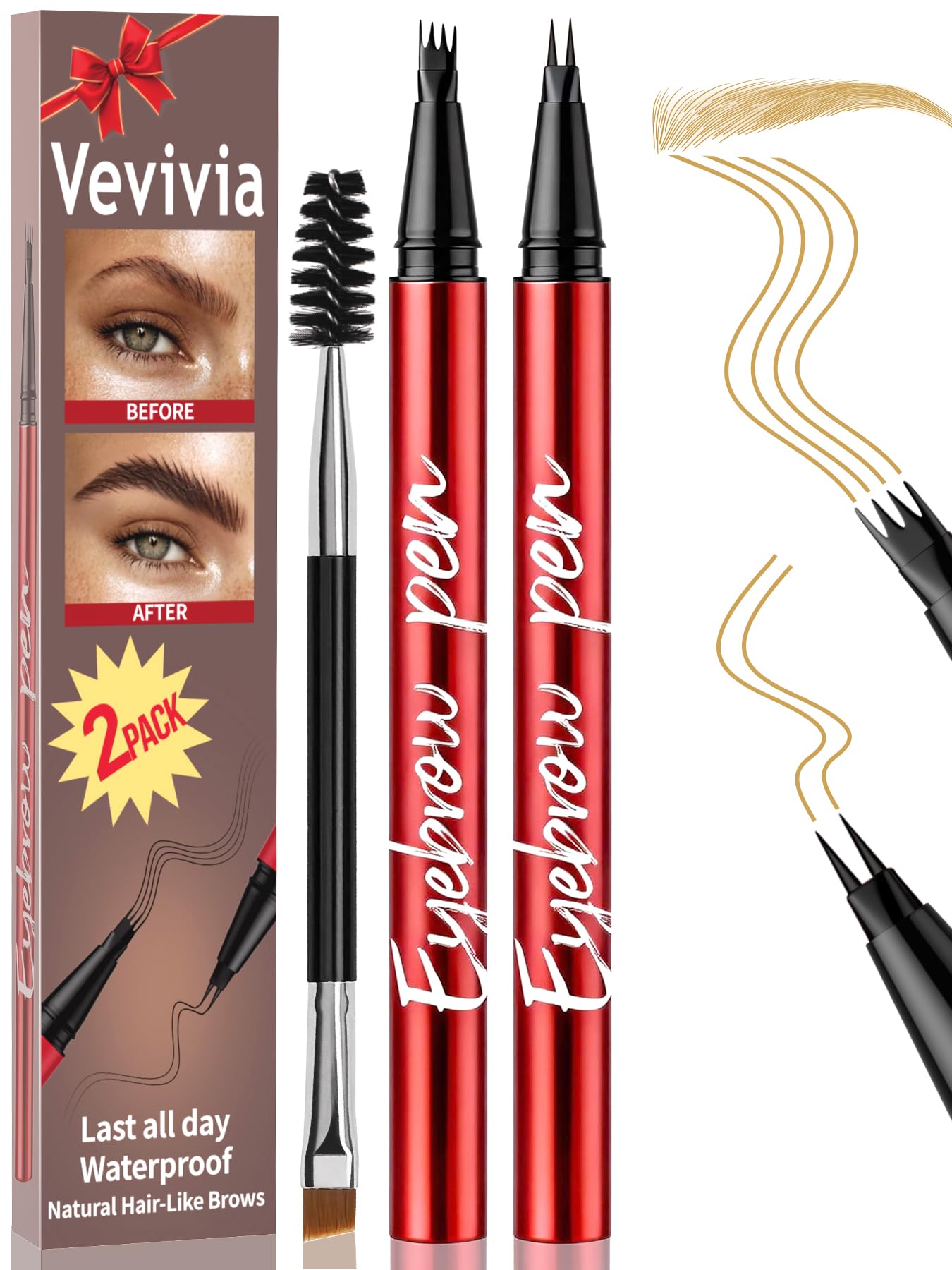 Vevivia Beauty front packaging showing light brown pens and benefits