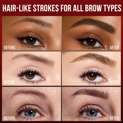 Vevivia dual-ended brow pen closeup showing brush tip and curved microblade for natural strokes