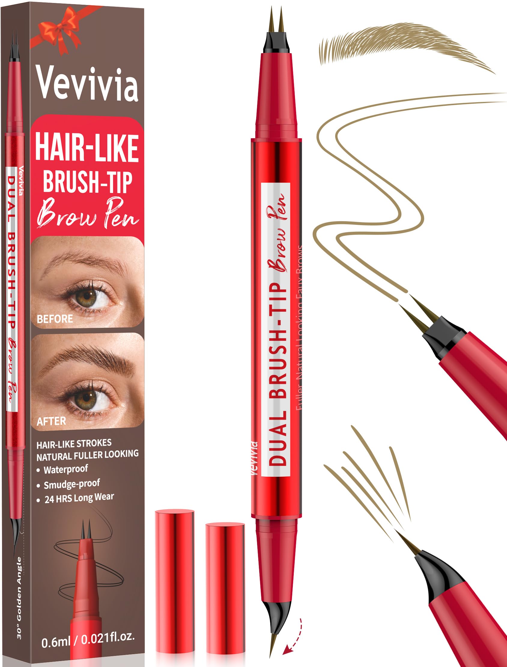 Vevivia front packaging showing light brown eyebrow pen and dual-tip benefit