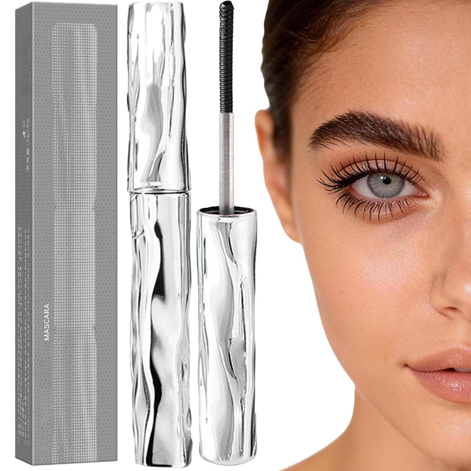 VEYORRA metal wand mascara front tube shows sleek silver packaging and portability