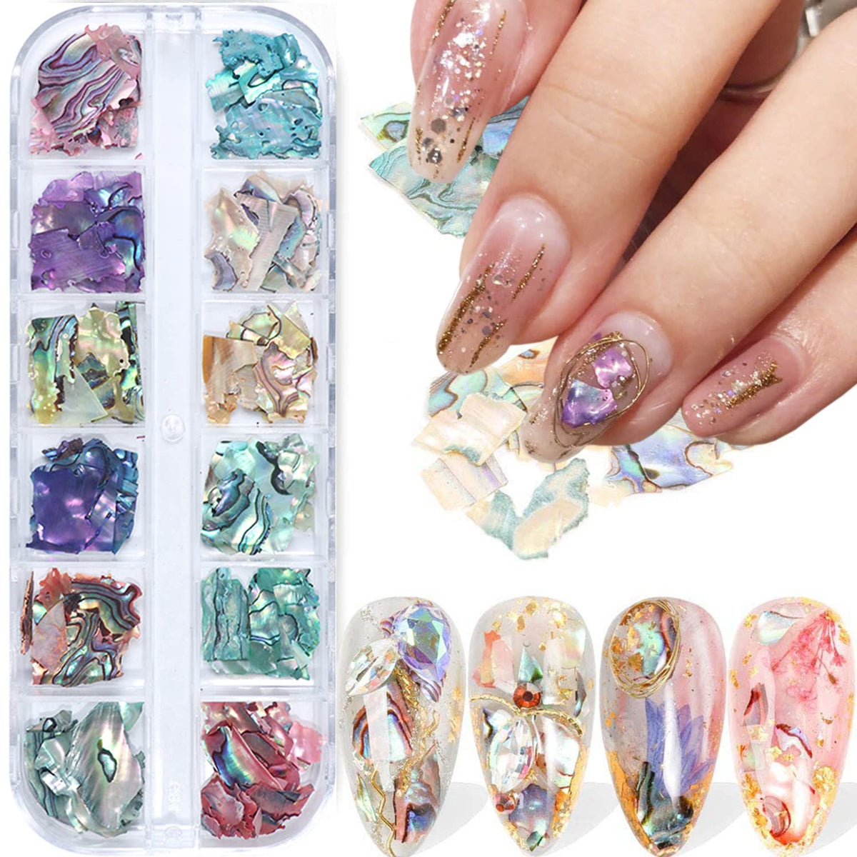 Vezocim 12-grid packaging showing organized abalone shell slices and quick selection benefit