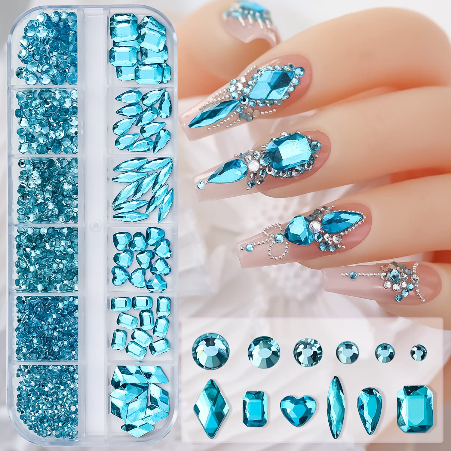 Vezocim compartment box of blue rhinestones showing neat organization and easy access