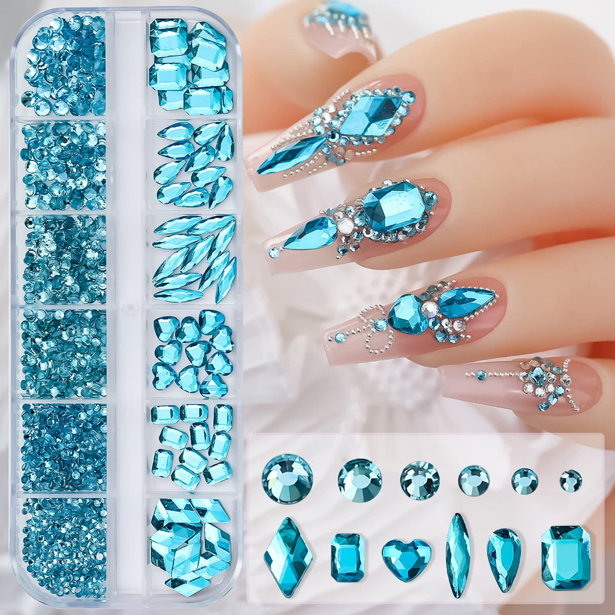 Vezocim compartment box of blue rhinestones showing neat organization and easy access