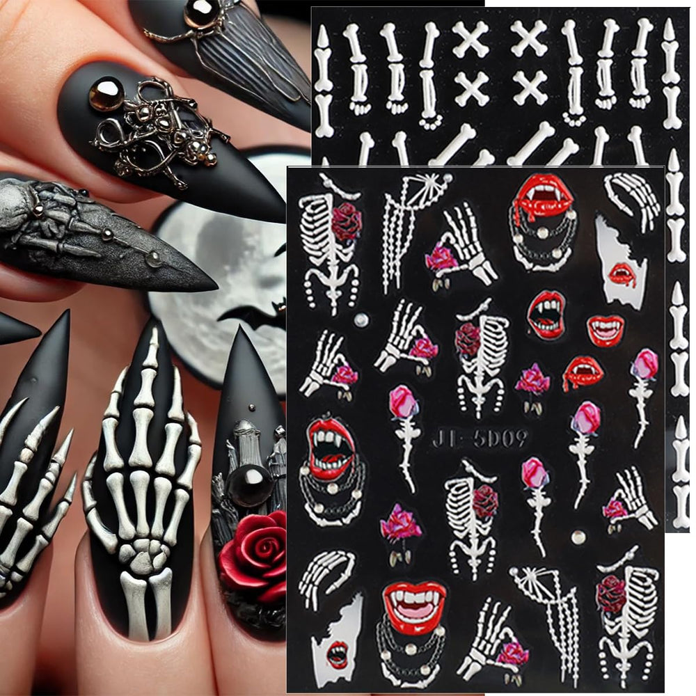 VGNRAR stickers applied on fingernails showcasing finished Halloween manicure look