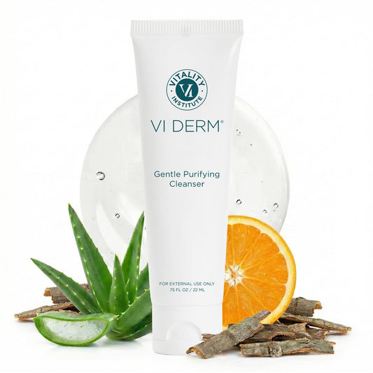 VI DERM front bottle view showing compact travel packaging and clarity benefit