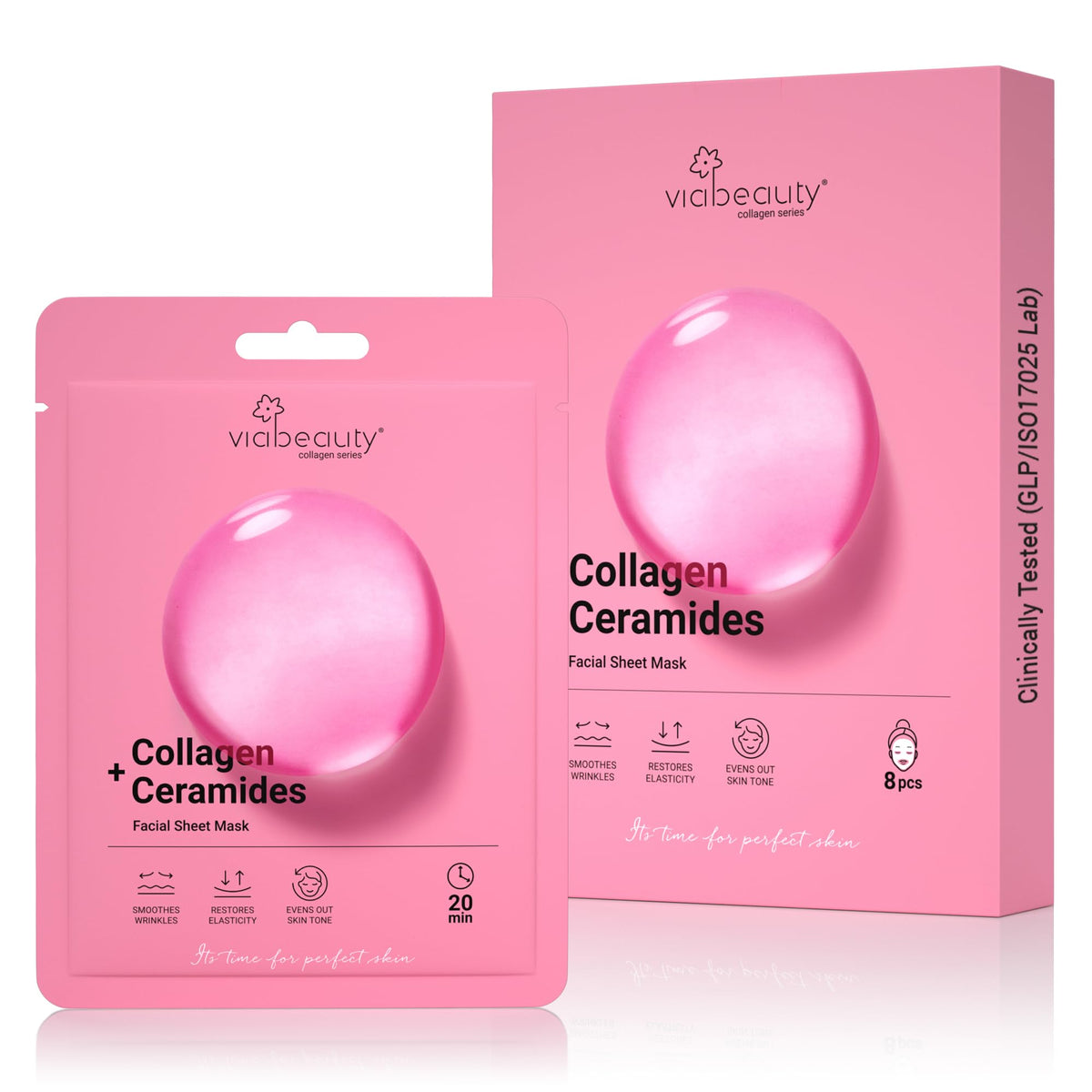VIABEAUTY front packaging showing eight collagen face mask sachets for convenient use
