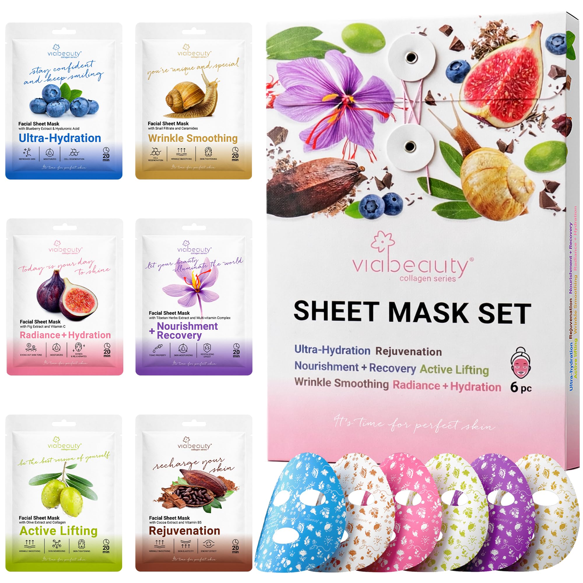 VIABEAUTY front packaging showing six individually sealed mask benefits