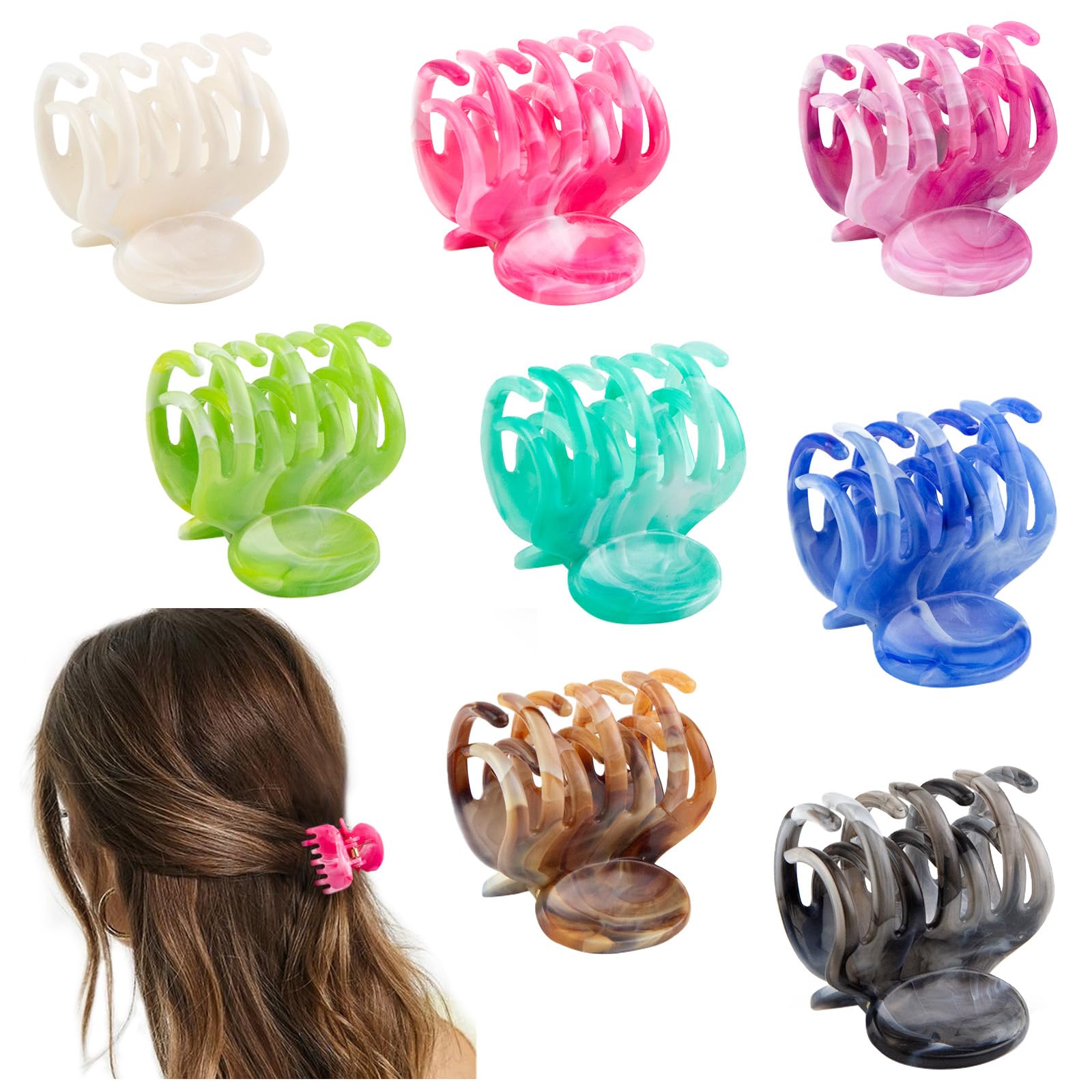 Viabty front view of eight marble-pattern clips showing neat packaging and variety