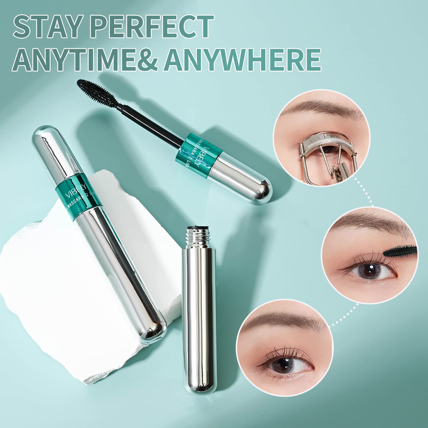 VIBELY model applying mascara in lifestyle shot, shows real-world wear