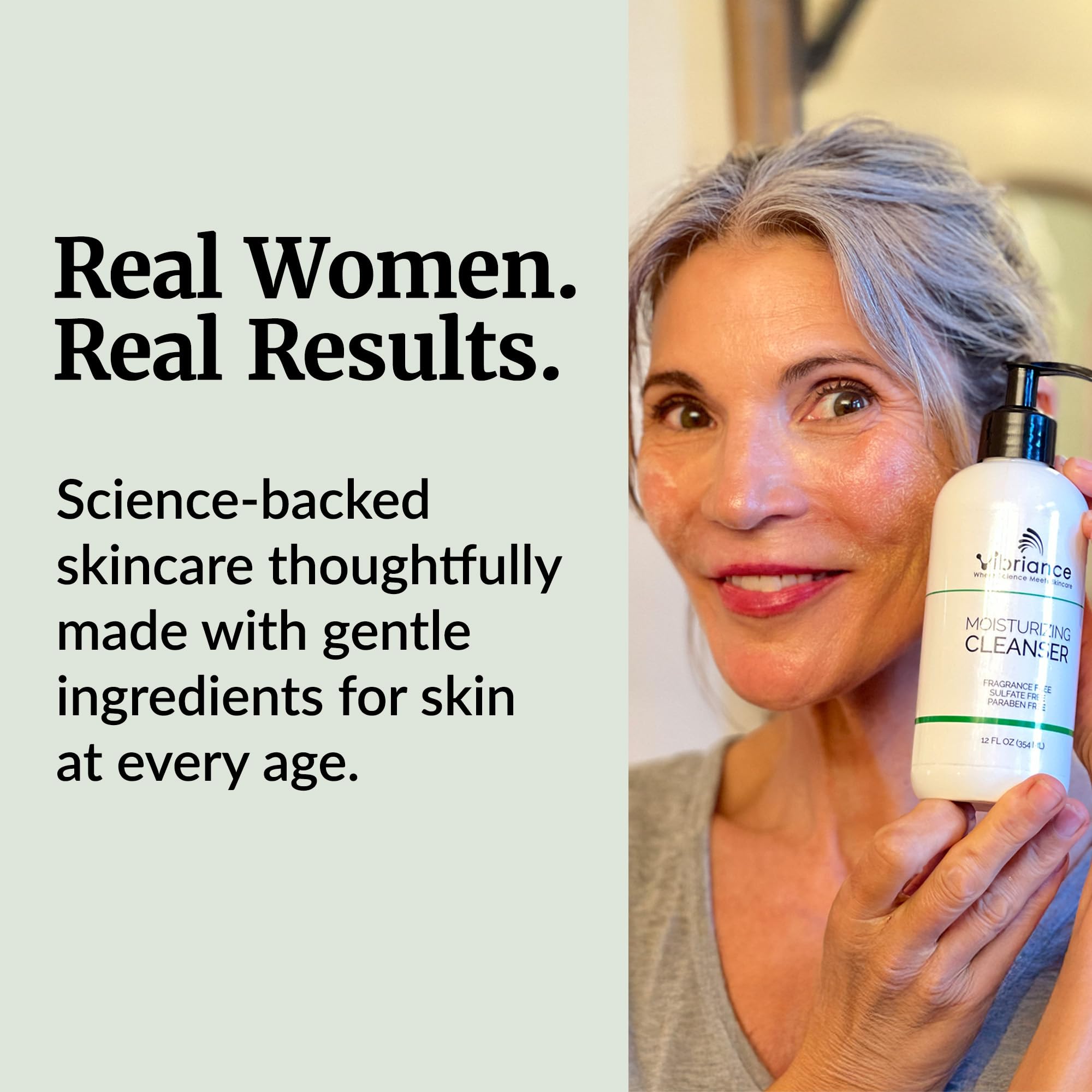 Vibriance bottle on bathroom counter showing gentle daily routine benefit