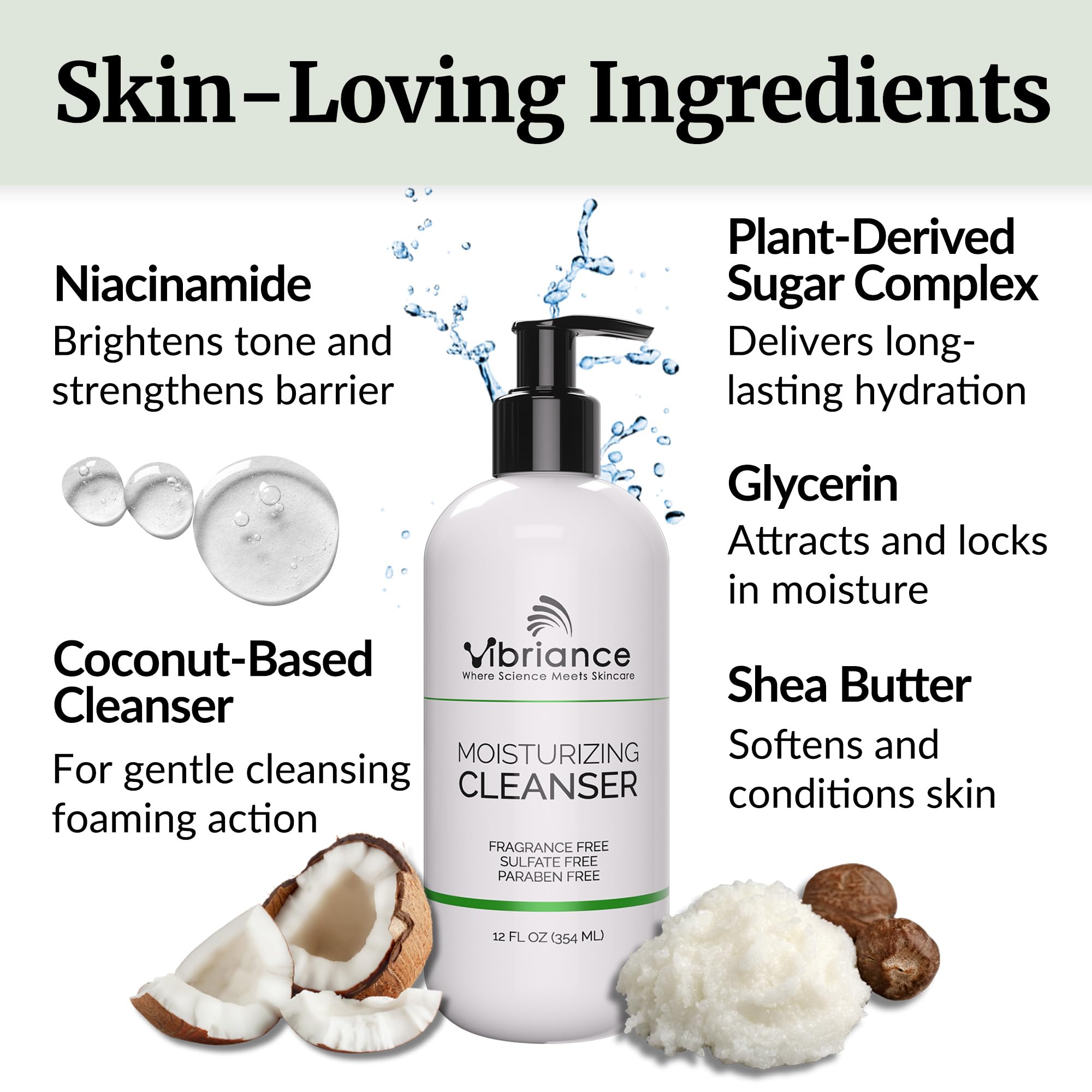 Vibriance ingredient label close-up highlighting niacinamide and shea butter benefits