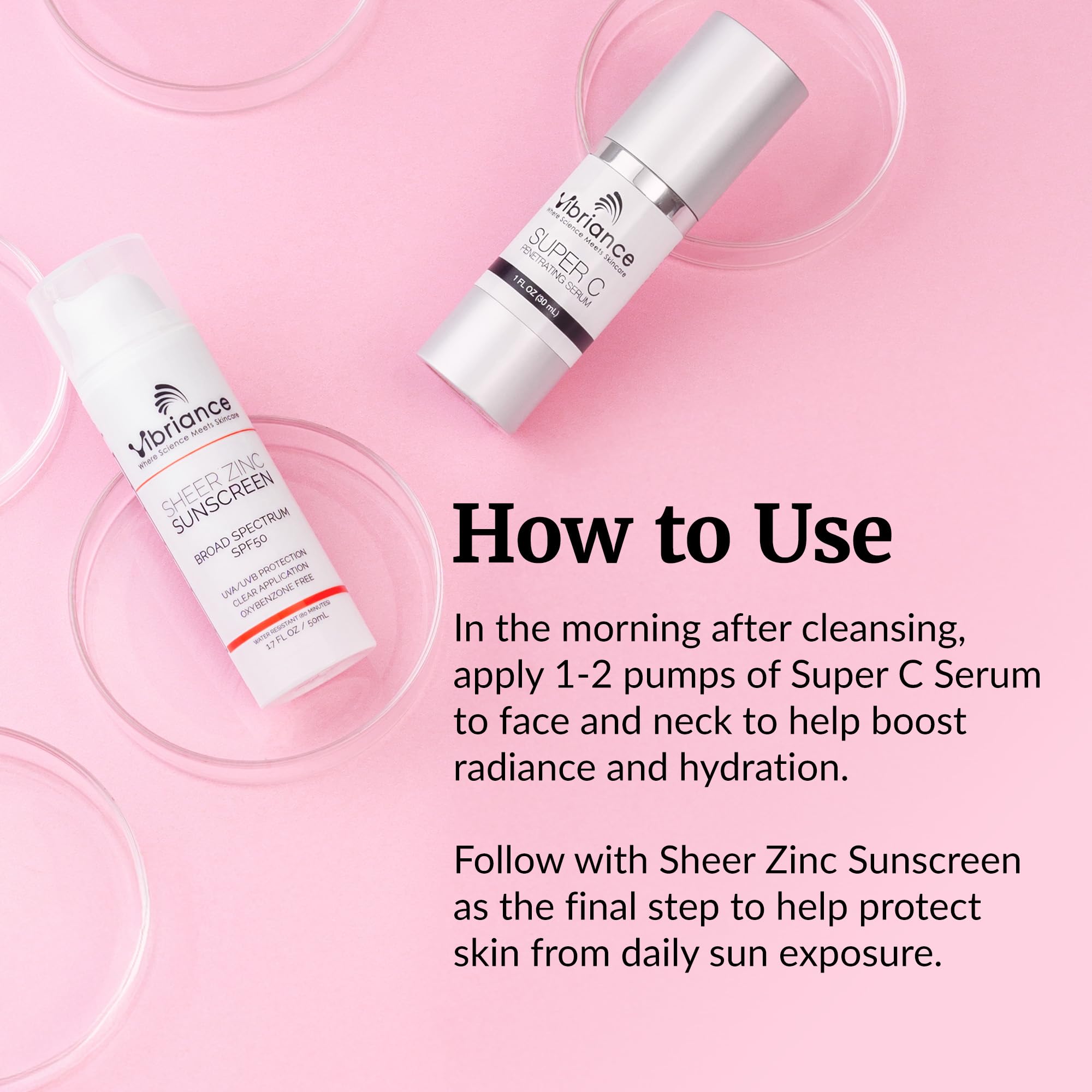 Vibriance Sheer Zinc sunscreen pump closeup showing clear finish and high SPF protection