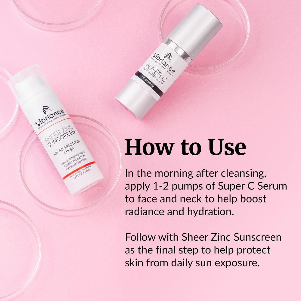 Vibriance Sheer Zinc sunscreen pump closeup showing clear finish and high SPF protection