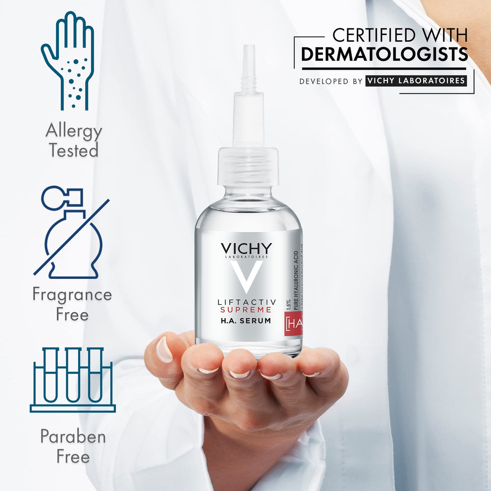 Vichy serum being applied to face and neck for smoother, plumper skin