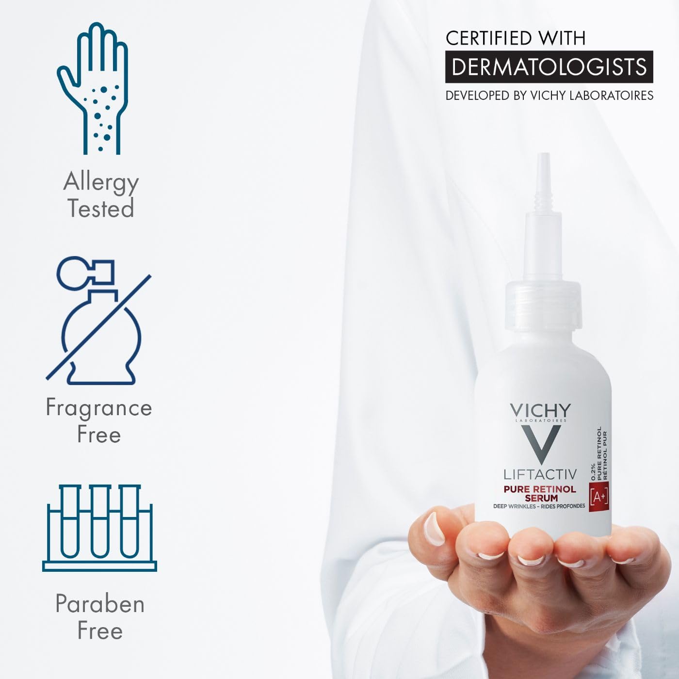 Vichy bottle in hand for scale showing one fluid ounce portability benefit