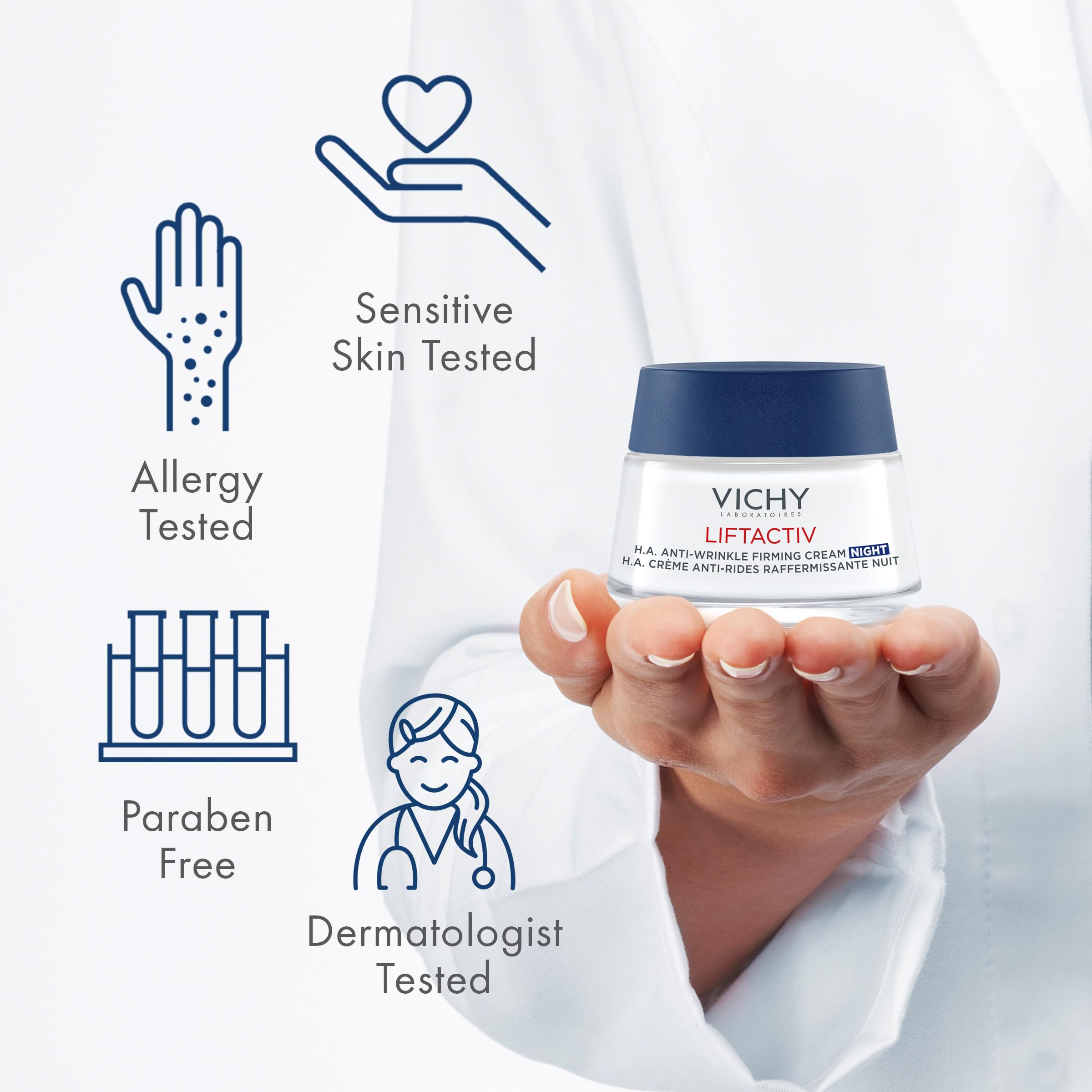 VICHY cream on hand applying to face to show smooth spread and firming benefit