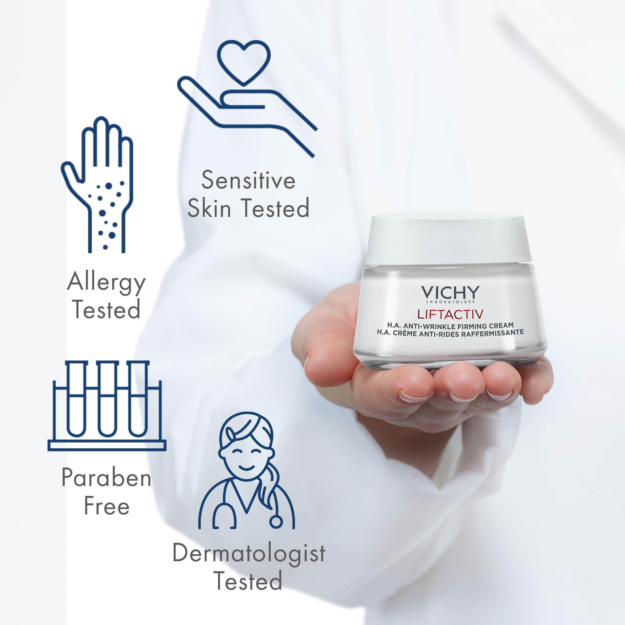 Vichy LiftActiv Supreme jar beside a hand to show actual size