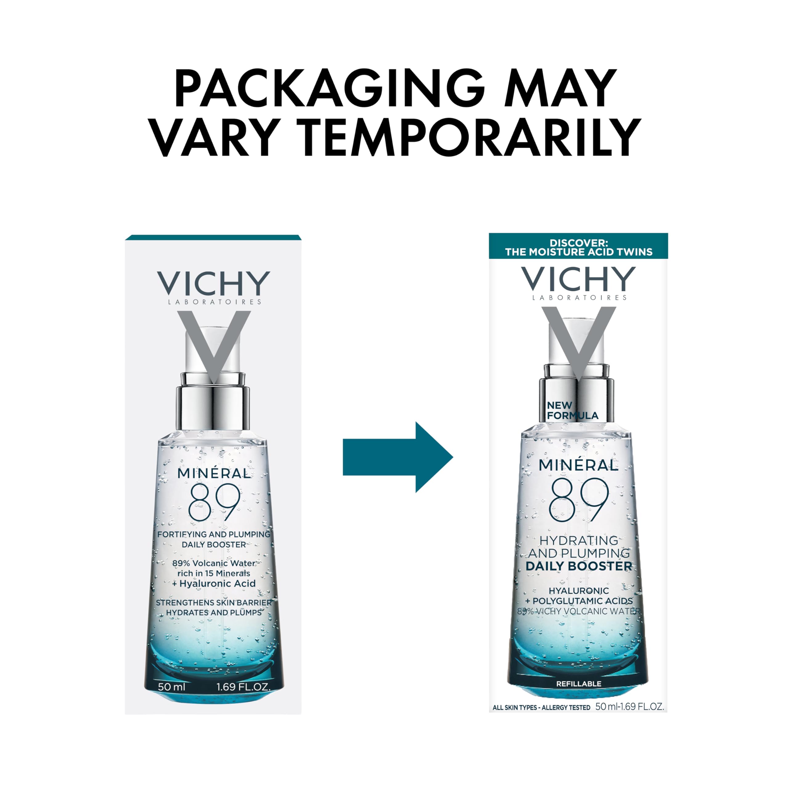 Vichy Mineral 89 bottle beside moisturizer illustrating layered routine benefit